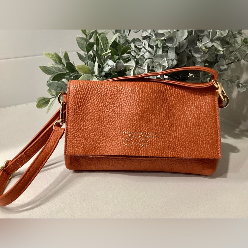 NWOT Joey James Orange Leather Mini Handbag Wristlet, Clutch or Crossbody